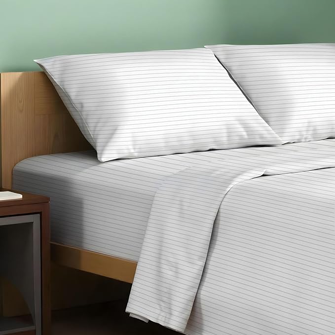 TEXAS LINEN CO. 100% Organic Cotton Percale Sheets Full Size - 4 PC Organic Cotton Full Size Percale Printed Sheet Sets, Soft, Crisp, Cooling Sheets, 16" Deep Pocket Hotel Set - Light Grey Pinstripe