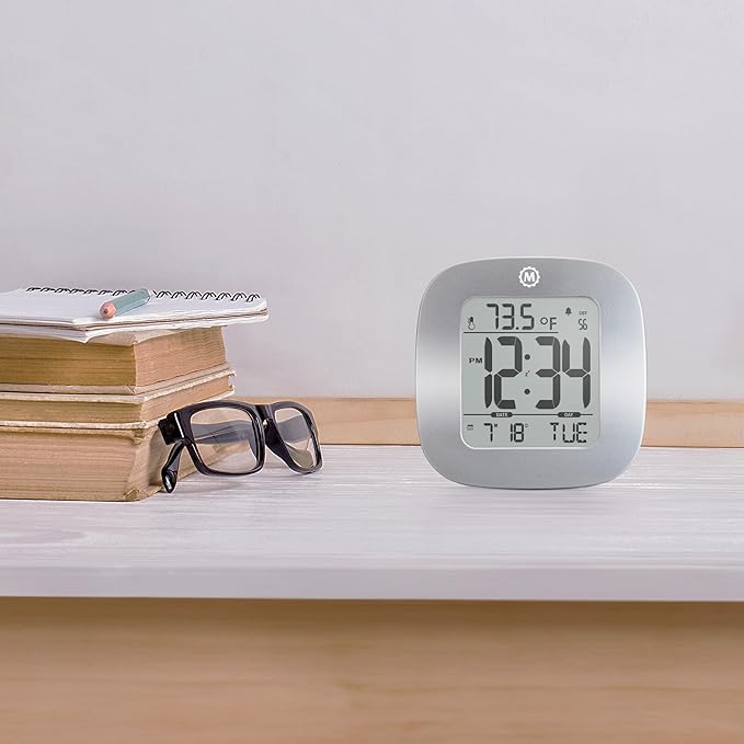MARATHON Compact Alarm Clock with Temperature & Date, Silver - Large, Easy to Read Display with Backlight - Easy to Set Up & Use - Two AAA Batteries Included