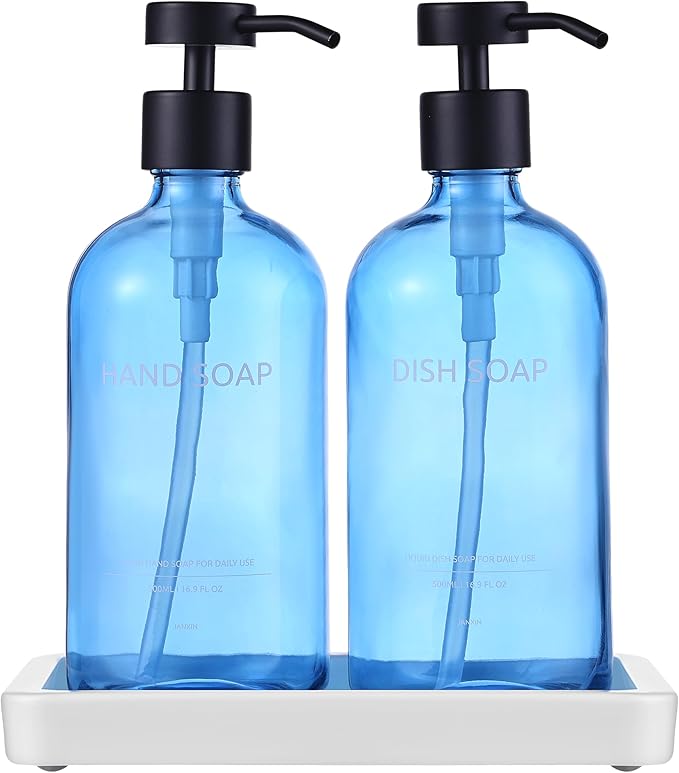 Glass Kitchen Soap Dispenser Set with Ceramic Tray,16.9 floz Hand and Dish Soap Dispenser for Kitchen and Bathroom Decor (Blue Bottles + Black Pumps)
