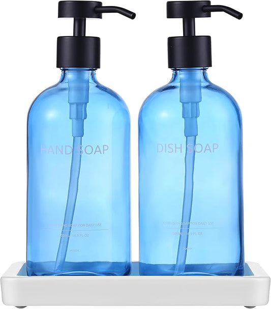 Glass Kitchen Soap Dispenser Set with Ceramic Tray,16.9 floz Hand and Dish Soap Dispenser for Kitchen and Bathroom Decor (Blue Bottles + Black Pumps)