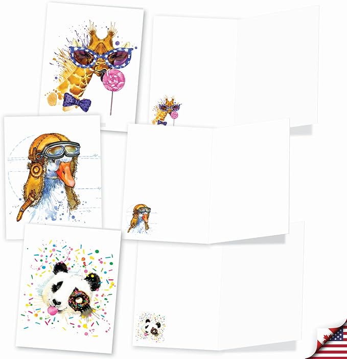 The Best Card Company Assorted Wildlife Watercolor Blank Card Box Set - Incl. 10 Animal Designs Notecards + Envelopes for Thank You, Invitations, More - Funky Colorful Creatures AM6749OCB-B1x10-NB