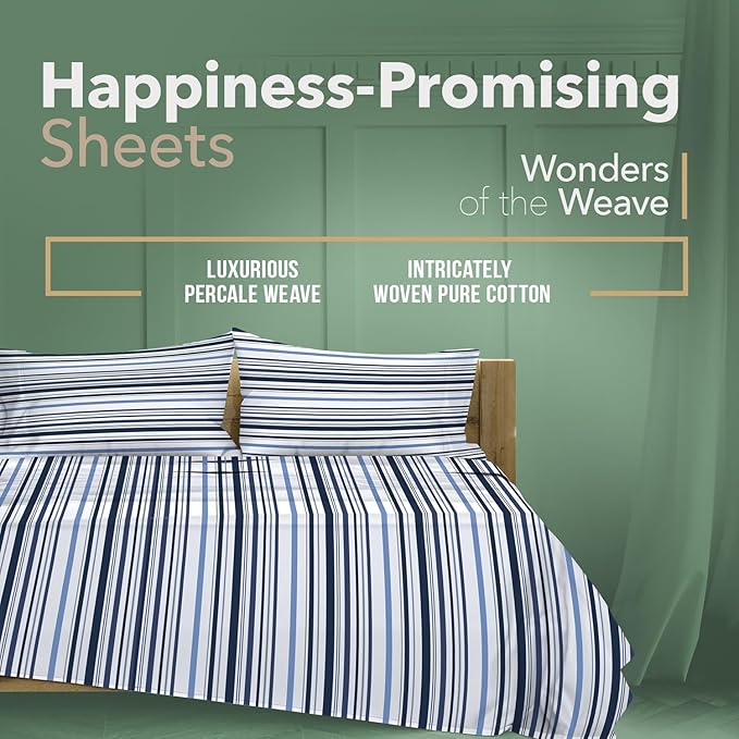 TEXAS LINEN CO. 100% Organic Cotton Sheets Twin XL Size - 3 PC Organic Cotton Percale Printed Sheets Twin XL Set (Variegated Stripe), Soft Bedsheets, 16" Deep Pocket Hotel Bedding - GOTS Certified