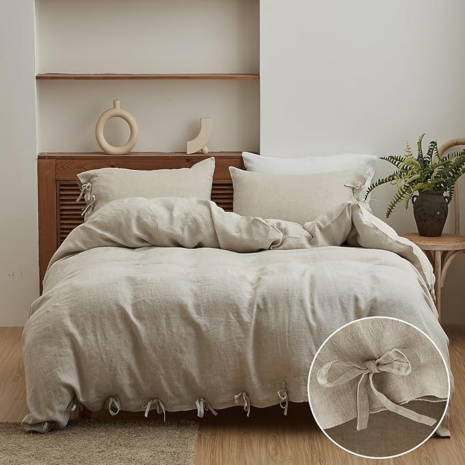 Simple&Opulence 100% Linen Duvet Cover Set 3pcs with Bowknot Ties Closure Natural French Washed Flax Solid Color Soft Breathable Farmhouse Bedding - Linen, Queen Size