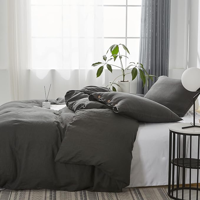 Simple&Opulence 100% Linen Duvet Cover Set 3pcs with Coconut Button Closure Natural French Washed Flax Solid Color Soft Breathable Farmhouse Bedding - Dark Grey, King Size