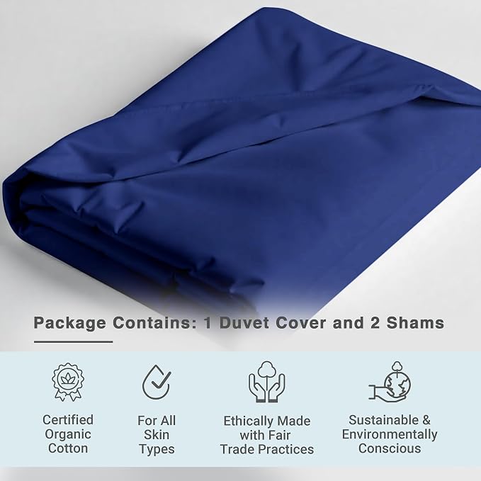 Fabdreams GOTS Certified 100% Organic Cotton Duvet Cover King Size - 400 TC Sateen - Soft - Silky - Button Closure - Edge Ties - 1 Duvet Cover (106"x92")+2 Pillow Shams (20"x36") - Dark Blue