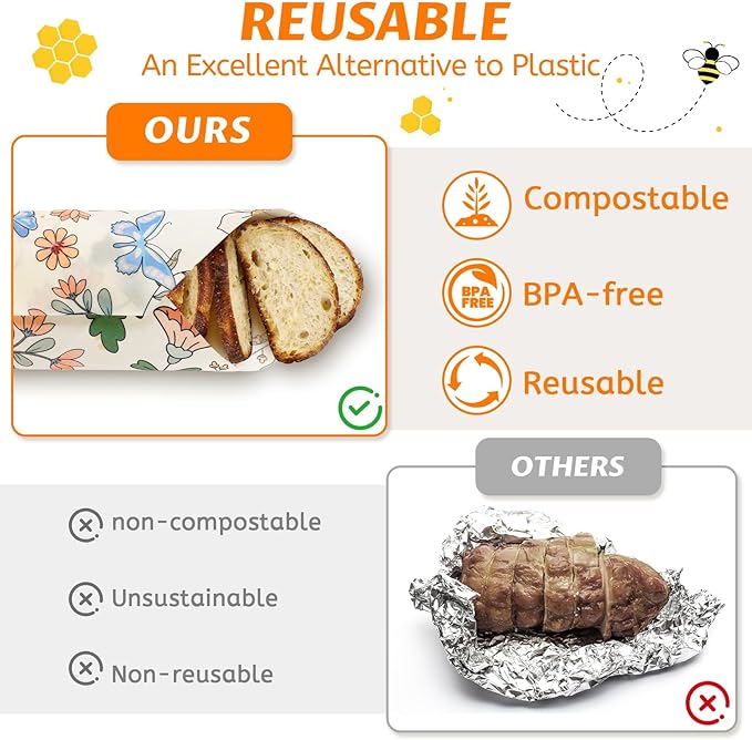 Beeswax Wraps for Food – Reusable Beeswax Bread Bag & Sandwich Wrap, Organic & Eco-Friendly & Sustainable Bees Paper, Perfect Alternative to Aluminum Foil Sourdough Storage & Plastic Wrap（Flower）
