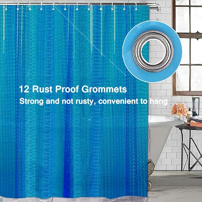 EVA Blue Shower Curtain Liner, 3D Plastic 5G Shower Liner with 12 Rustproof Metal Grommets and Weighted Magnets, Waterproof Duty for Bathroom 72 x 72