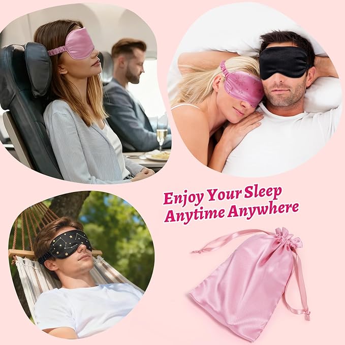 100% Natural Mulberry Silk Sleep Eye Mask with Adjustable Elastic Band for Women & Men Soft Light Blocking Cover Eyeshade Blindfold (Black)