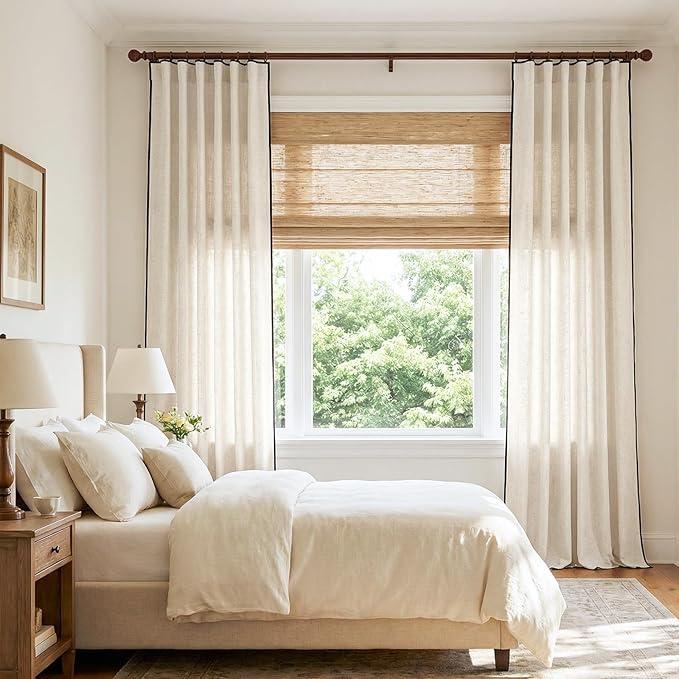 jinchan Beige Linen Blend Curtains with Black Trim, French Style Drapes for Living Room Bedroom 2 Panels 96 Inches Length Neutral Curtains Farmhouse Modern Window Treatment with Rod Pocket Back Tab