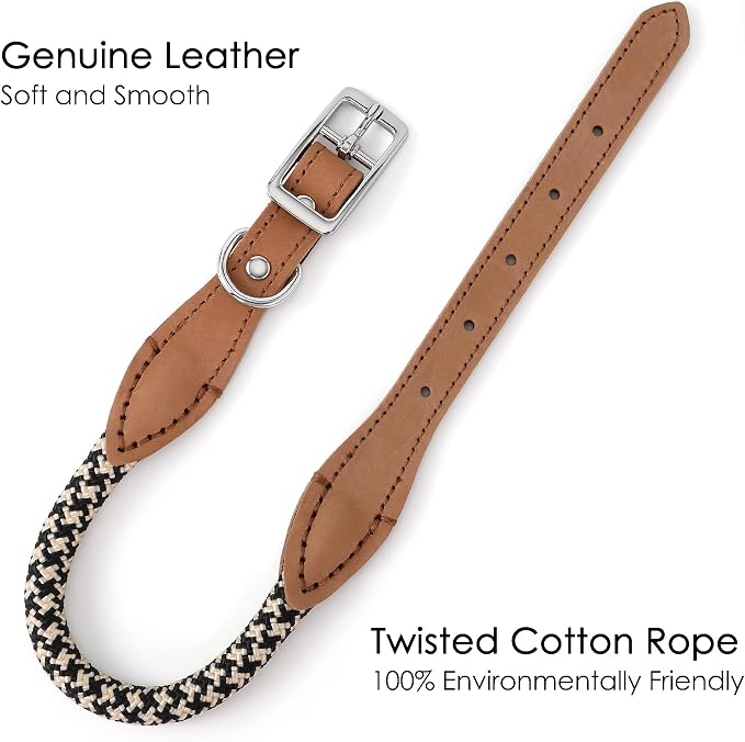 Mile High Life Genuine Leather Dog Collar, Durable Braided Cotton Rope Collar with Metal Pin Buckle for Small Medium Large Dogs (Black Khaki, L Neck 17"-21")