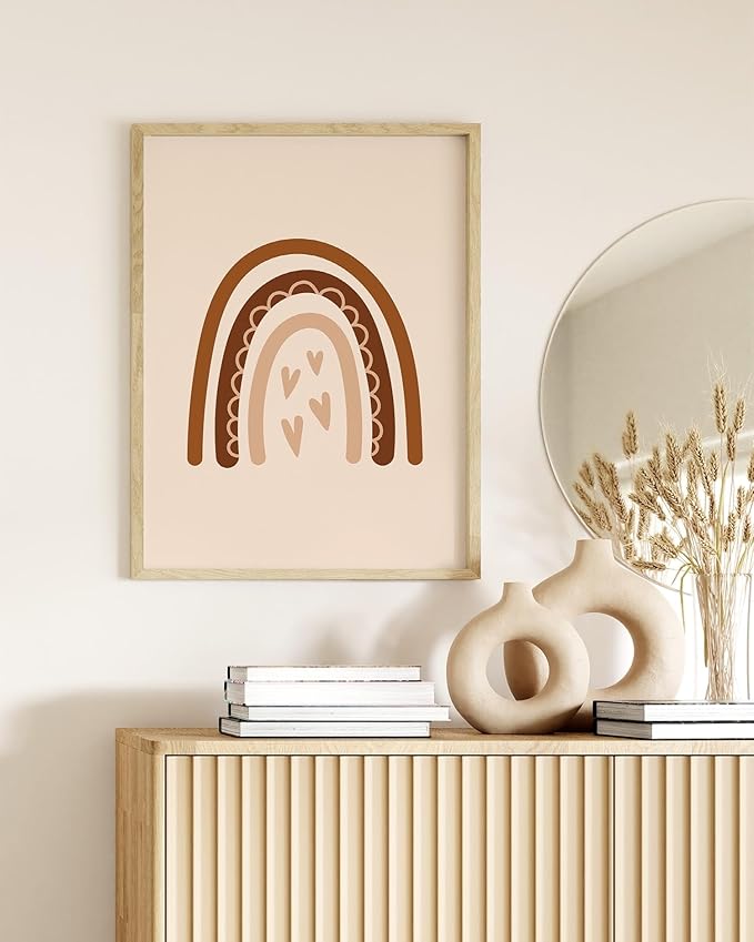 Y2K BOO Boho Nursery Rainbow UNFRAMED Wall Art with Hearts Earth Tones Terracotta Brown Scandi Minimalist Style 12x16 Inch Heavyweight Paper Kids Decor