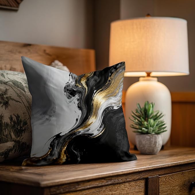 Shrahala Black and White Decorative Throw Pillow Cover, Abstract Hand Black and White with Gold Close Square Pillowcase Blended Double-Sided No Inserts for Bedroom Living Room Set of 2 (16 X 16 in)