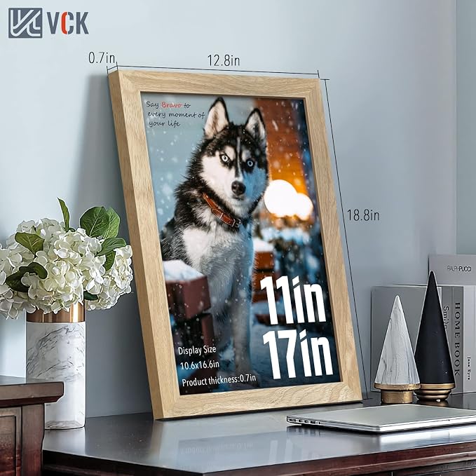 VCK 11x17 Picture Frame Set of 3, Natural Solid Wood Wall Gallery Poster Frame, Exclusive Wood Grain, Beige