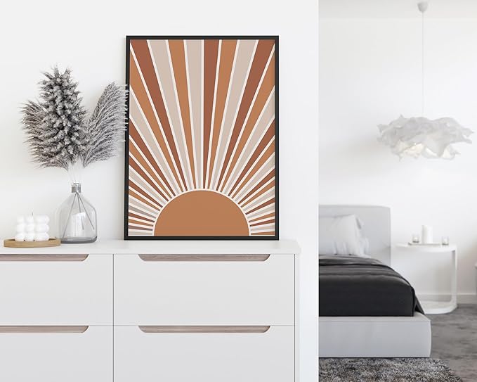 Boho Rising Sun Wall Art Sunburst Rays Earth Tones Terracotta Mid Century Modern 12x16 Inch Oak Wood Black Framed Minimalist Landscape Sunshine Print for Nursery Decor
