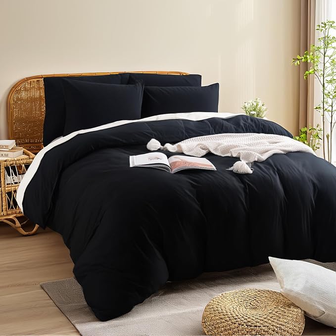 NEXHOME PRO Queen Duvet Cover Set – 100% Certified Organic Cotton with Washed Feel & Linen-Like Texture, Comfortable & Breathable, Home Bedding Set Black (No Comforter)