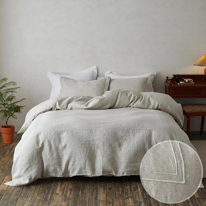 Simple&Opulence 100% Washed Linen Duvet Cover Set 68"x86" - 2 Pieces Soft Farmhouse Comforter Set Double Embroidered with Button Closure - 1 Duvet Cover and 1 Pillowsham (Linen, Twin)
