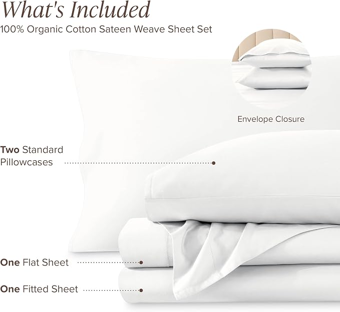 Bare Home 100% Organic Cotton Full Sheet Set - 400 Thread Count - Smooth Sateen Weave - Breathable & Cooling - Hotel Luxury Set - Deep Pocket Bed Sheets (Full, White)