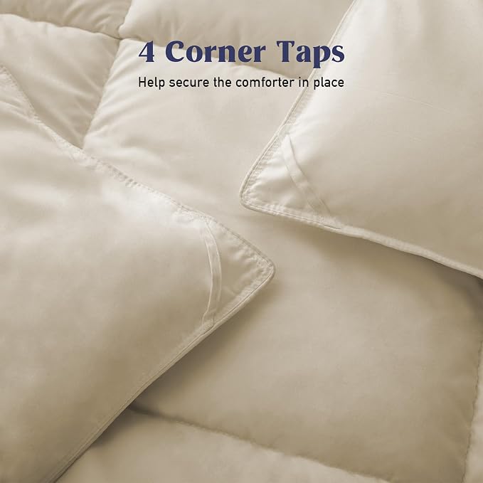 UNIKOME Goose Feather Down Fiber Comforter, Lightweight Duvet Insert Queen Size Bed Comforter with Soft Downproof Cover, Cloud-Like Fluffiness (Beige, 90"x90")