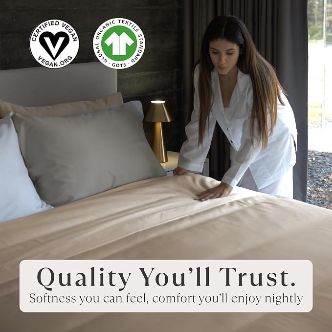Delilah Home 100% Organic Cotton Queen Fitted Sheet, GOTS & Vegan.org Verified, Long Stem 300 TC Sateen Bedding, Non-Synthetic, Deep Pocket Fitted Linen, Lightweight, All-Season, 1 Piece Set - Beige