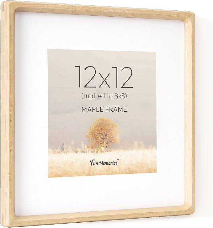 12x12 Frame, USA-Sourced Maple Wood Photo Frames with HD Tempered Glass, Handcrafted Rounded Corner Square Wooden Frames Matted to 8x8 Photos, 12x12 Picture Frame, Tabletop or Wall Display
