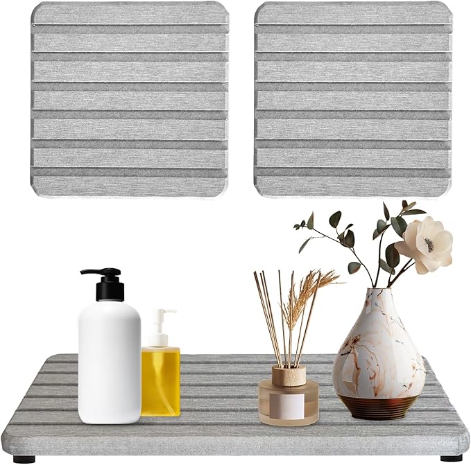 3 PCS Water Absorbent Diatomite Rectangle Coasters with Grooved Design - Thirsty Absorbing Stone Tray for Soaps Dish, Hand Soaps, Plants, Toiletries - Keep Bathroom & Kitchen Counter Tops Dry & Tidy