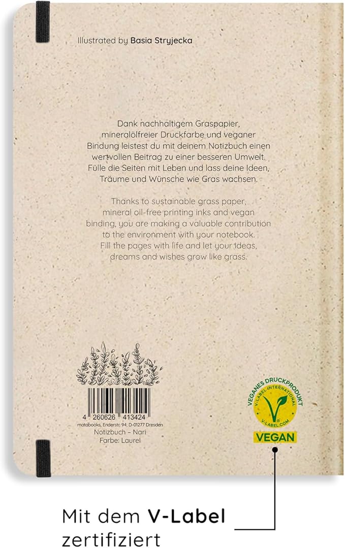 Sustainable A5 Notebook/Journal/Bullet Journal/Writing Book/Notebook Made of Sweetgrass Paper - Nari Colour: Laurel (Lined)