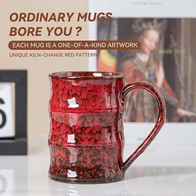 22oz Red Kiln-Change Ceramic Coffee Mug with Ergonomic Handle, 1340℃ High-Fire Unique Large Mug - Lead-Free, Microwave Safe, Great Gift for Valentine’s/Mother’s Day