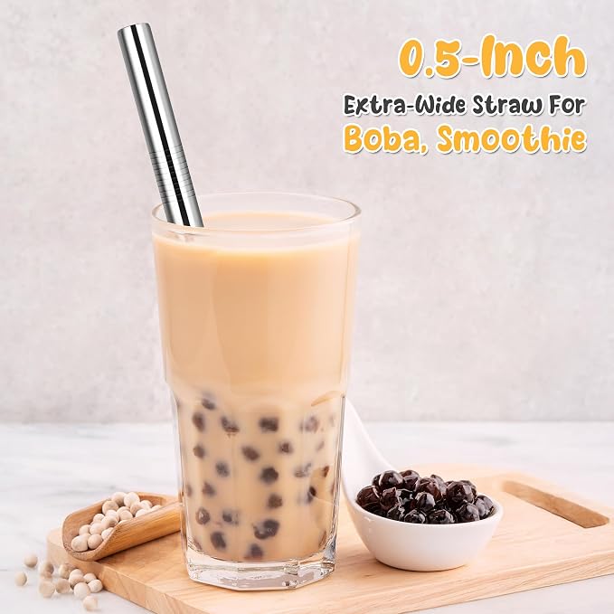 NiHome 8-Pack Stainless Steel Straws for Boba, Smoothie, 10.4” Metal Straws | 0.5'' Extra Wide Metal Reusable Straws, 4 Bent & 4 Straight Long Drinking Straw for Bubble Tea, Milkshake, 2 Brushes, Silver