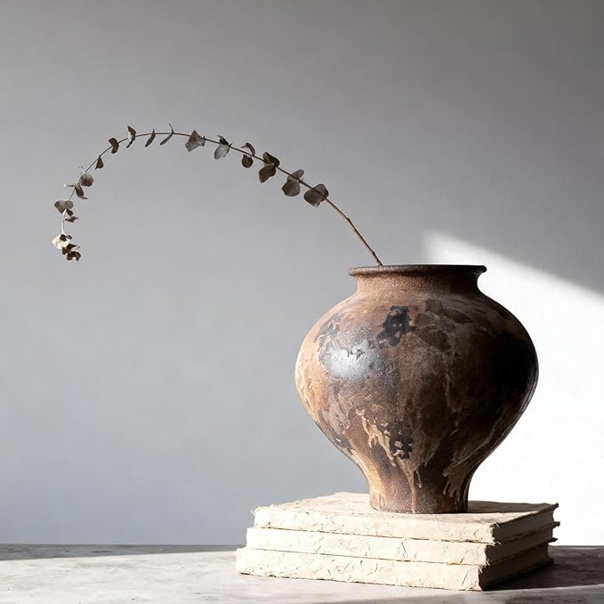 Wabi Sabi Vase 11in, Rustic Ceramic Vase Large, Brown Ceramic Vase, Rustic Vases for Decor Table Centerpiece, Farmhouse Pottery Vases for Home Decor, Vintage Farmhouse Vase