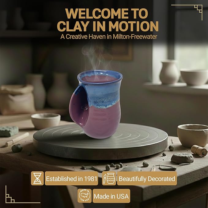 Clay in Motion Hand Warmer Coffee Mug – Handmade Coffee Mug With Comfortable Handle Contoured Pocket Hand Warming Ceramic Coffee Mug – Proudly Made in USA – Left Handed – 14 Oz - Purple Passion