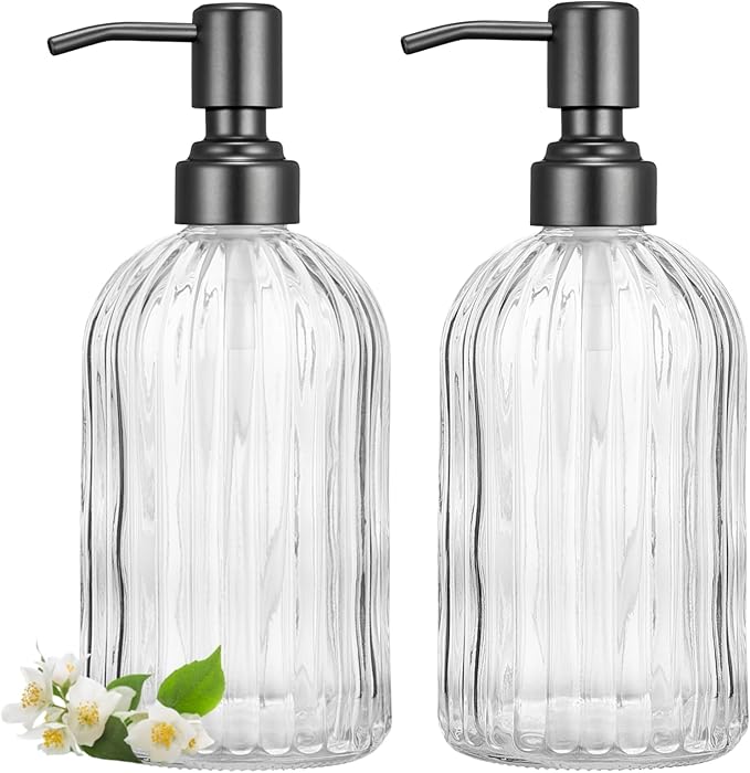 2 Pack Clear Glass Hand Soap Dispenser Set 18oz Bottle with Matte Black 304 Rustproof Stainless Steel Pump for Kitchen and Bathroom