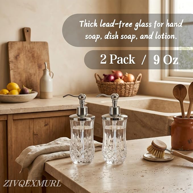 2 Pack 9 Oz Glass Soap Dispenser with Rust Proof Stainless Steel Pump,Clear Round Textured Refillable Hand Soap Dispenser with Vertical Fluting for Lotion,Hand Soap or Body Wash for Kitchen & Bathroom