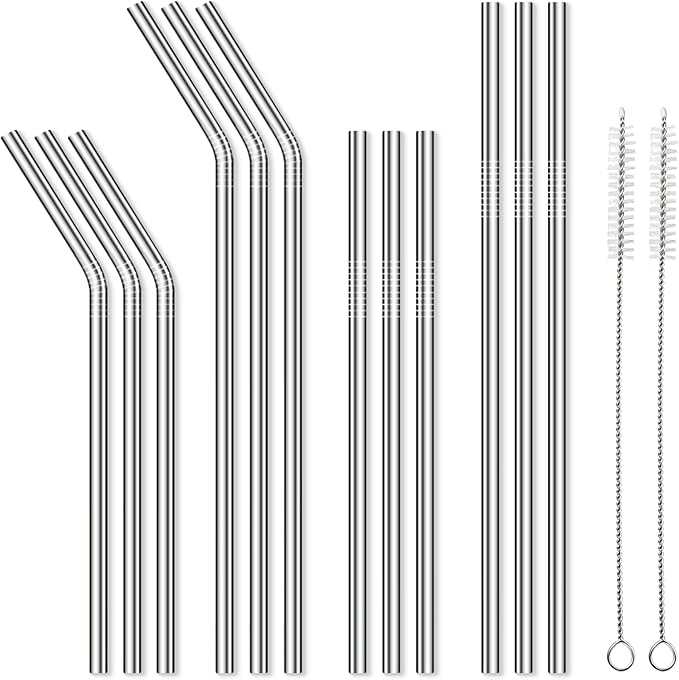 12 Pack Reusable Stainless Steel Metal Straws, 3 Straight + 3 Bent 10.5 Inch and 3 Straight + 3 Bent 8.5 Inch Metal Straws for 20 24 30 oz Tumblers Dishwasher Safe - 2 Cleaning Brushes Included