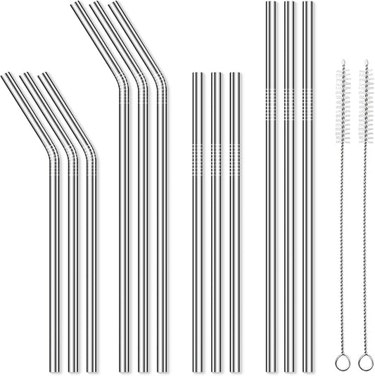12 Pack Reusable Stainless Steel Metal Straws, 3 Straight + 3 Bent 10.5 Inch and 3 Straight + 3 Bent 8.5 Inch Metal Straws for 20 24 30 oz Tumblers Dishwasher Safe - 2 Cleaning Brushes Included