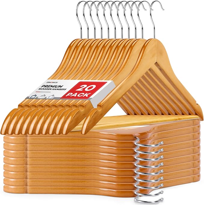 Wooden Hangers 20 Pack, Heavy Duty Wood Hangers for Coats, Suits, Jackets, Closet & Pants Durable Premium Wood Hanger with 360-Degree Rotatable Hook and Notches, Natural