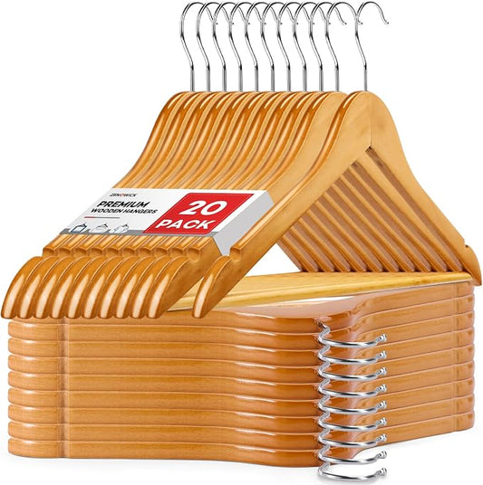 Wooden Hangers 20 Pack, Heavy Duty Wood Hangers for Coats, Suits, Jackets, Closet & Pants Durable Premium Wood Hanger with 360-Degree Rotatable Hook and Notches, Natural