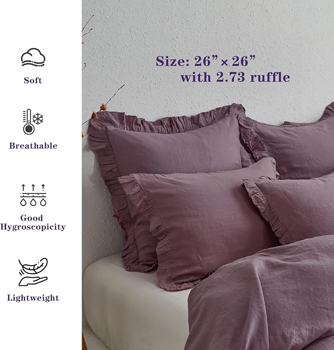 Simple&Opulence 100% Linen Euro Sham Covers with Ruffle, 26x26 Inch Pillow Covers Set of 2, Euro Pillow Shams for Bed Couch French Home Decor Luxury and Breathable Square Pillow Cases, Purple