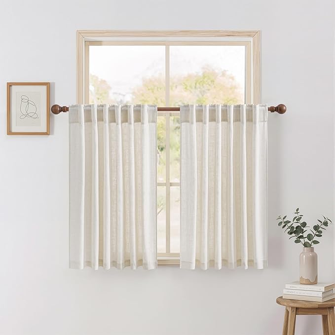 NICETOWN Linen Kitchen Curtains 48 Inch Length, Light Filtering Privacy Small Cafe Curtains 55" W, Linen Textured Elegant Short Window Treatments for Country Office Bedroom Farmhouse