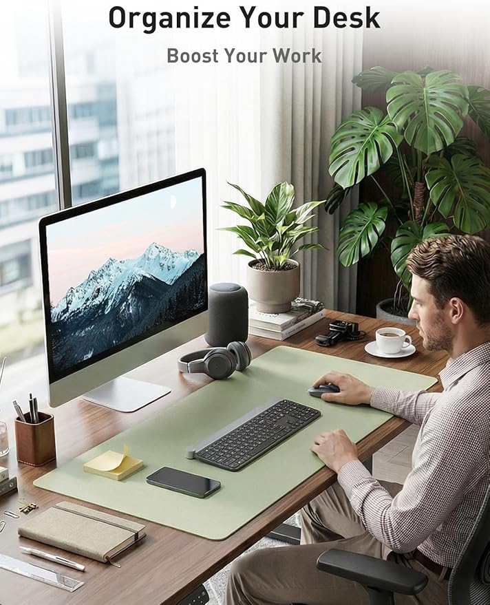 Aothia Faux Leather Desk Mat - Non-Slip PU Leather Desk Blotter, Waterproof Writing Surface, Large Desk Pad for Office & Home (Grass Green, 55" x 24")