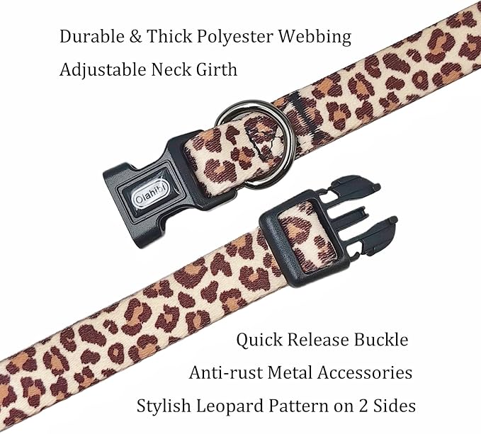 Dog Collar Leash Set, Leopard Pattern, Polyester Material, Adjustable Collar and 5ft Matching Leash, for Puppy Dogs.(XS, Light Coffee Leopard)