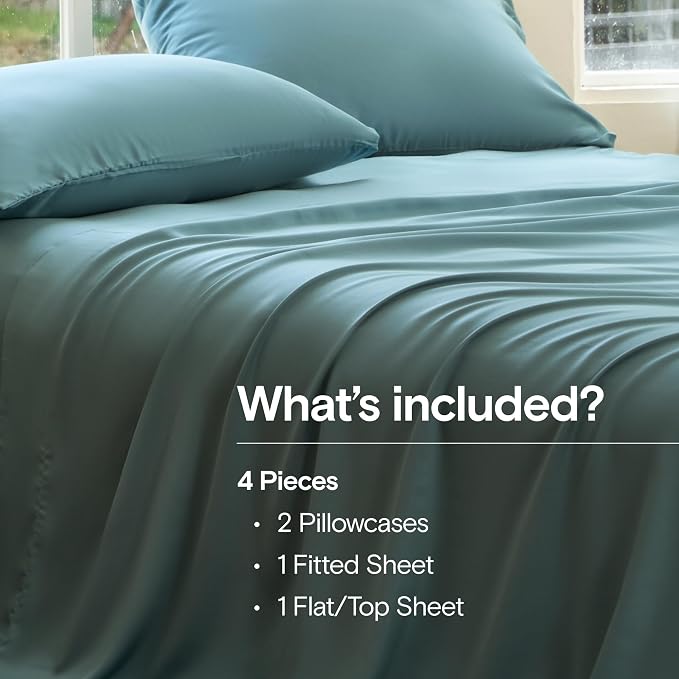 DOZ Sheet Set, 100% Viscose derived from Bamboo, Organically Grown, Buttery Soft, Cooling Sheets, High GSM, Deep Pockets - 4 Piece - 2 Pillowcases 1 Fitted 1 Top Sheet (Teal, Full)