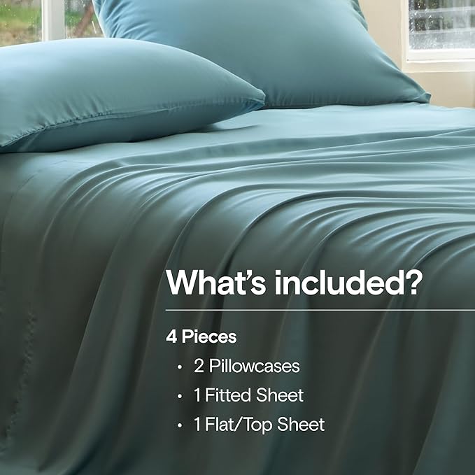 DOZ Sheet Set, 100% Viscose derived from Bamboo, Organically Grown, Buttery Soft, Cooling Sheets, High GSM, Deep Pockets - 4 Piece - 2 Pillowcases 1 Fitted 1 Top Sheet (Teal, Queen)