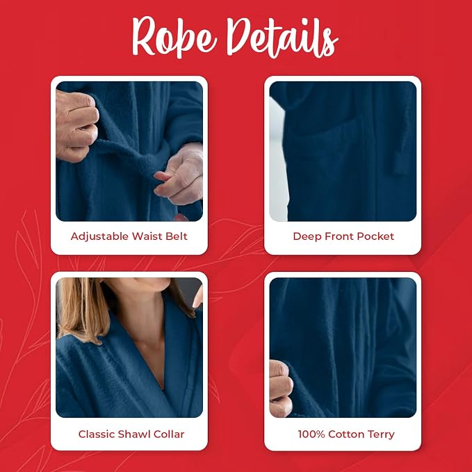 RIVERSIDE Premium 100% Cotton Terry Bathrobe For Women and Men - Soft Towel Robes with Shawl Collar Ajdustable Belt & Pockets