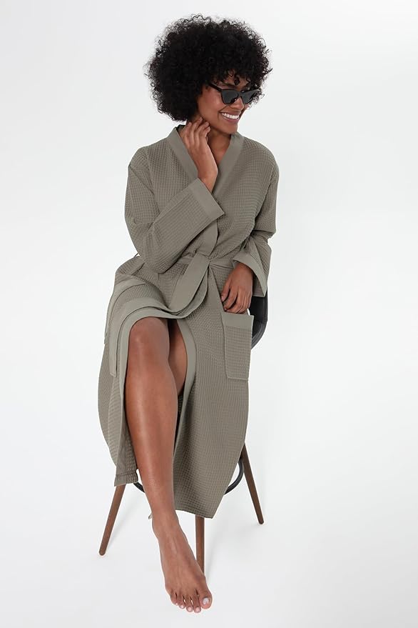 SEYANTE Women's Organic Cotton Waffle Kimono, Hooded Robe – GOTS Certified Lightweight Full-Length Spa Bathrobe with Piping