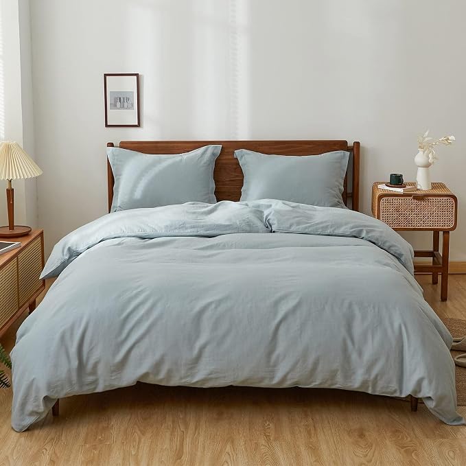 Simple&Opulence 100% Linen Duvet Cover Set, 3 PCS Natural French Flax Dusty Blue Duvet Cover Queen Size, Breathable Soft Comfy Linen Bedding Comforter Cover with 2 Pillowcases(Dusty Blue, 88"x92")