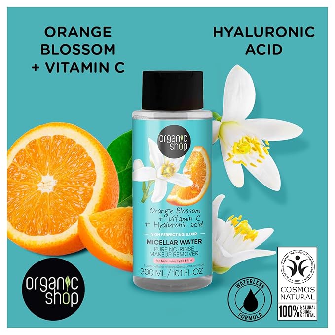 Organic Shop Micellar Water with Hyaluronic Acid & Vitamin C, Pure No-Rinse, Natural Hydrating Facial Cleanser - Organic Makeup Remover, For All Skin Types, Vegan, Cruelty Free. 300 ml