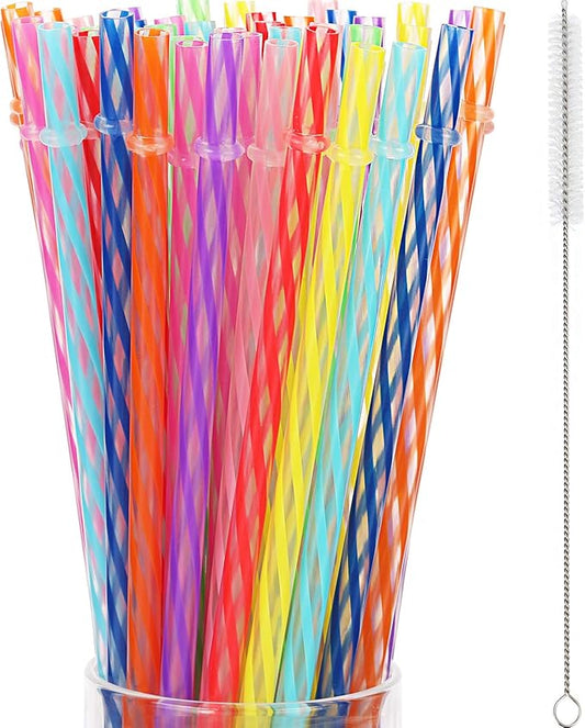 Jovitec 50 Pcs Reusable Plastic Straws with Brush 11 Inch Long Hard Plastic Straws Dishwasher Safe 10 Color Clear Replacement Drinking for 16 oz-32 oz Tumblers Cup Mason Jars Milkshakes Smoothies