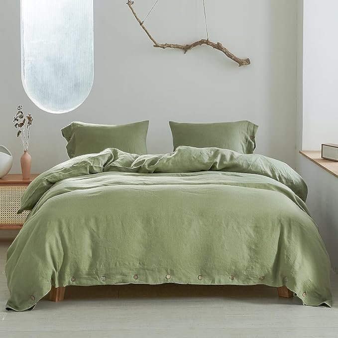 Simple&Opulence 100% Linen Duvet Cover Set 2pcs with Coconut Button Closure Natural French Washed Flax Solid Color Soft Breathable Farmhouse Bedding - Sage Green, Twin Size