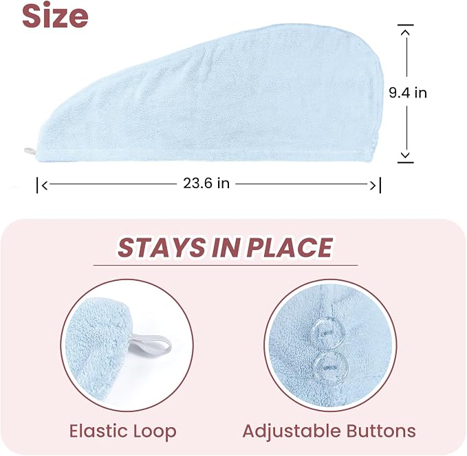 Mandydov 100% Cotton Hair Towel Wrap for Women, 2 Pack Thickened & Super Absorbent Turbans, Anti Frizz Quick Dry Hair Towels (Blue, Pink Blush)