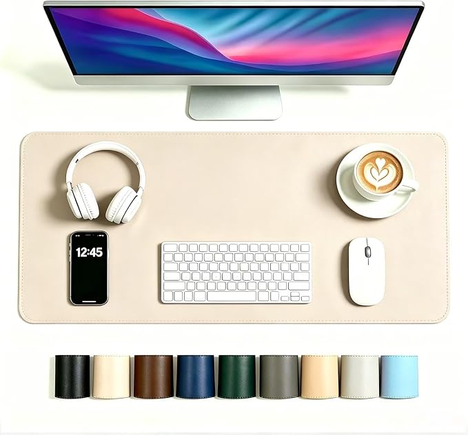 Beige Desk Mat, 17.5" x 22.5", PU Leather, Waterproof Anti-Slip, Cute Aesthetic Table Pad for Office/Home/Vanity Large